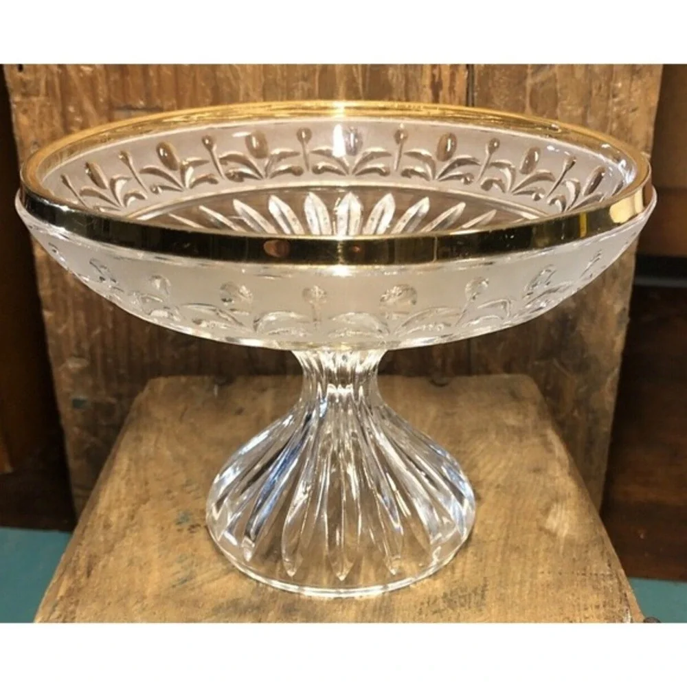 Pedestal‎ Bowl Etched Lead Glass Gilded Rim West Germany Enesco STUNNING